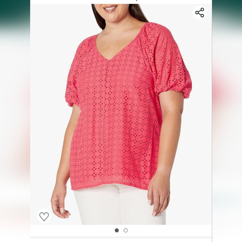 Arna York Women's coral V-neck 3/4 puff sleeve cotton peasant shirt plus 26/28